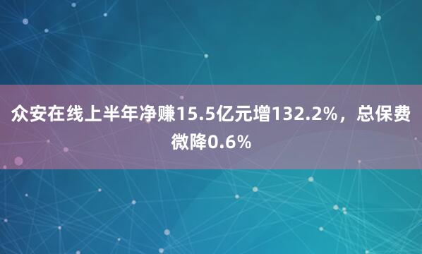 众安在线上半年净赚15.5亿元增132.2%，总保费微降0.6%